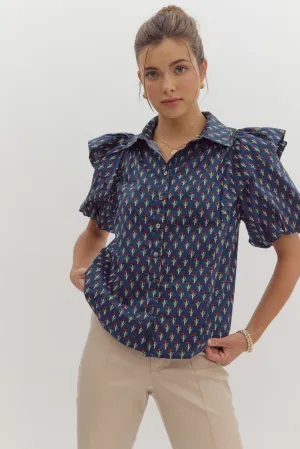 Navy Floral Button Up