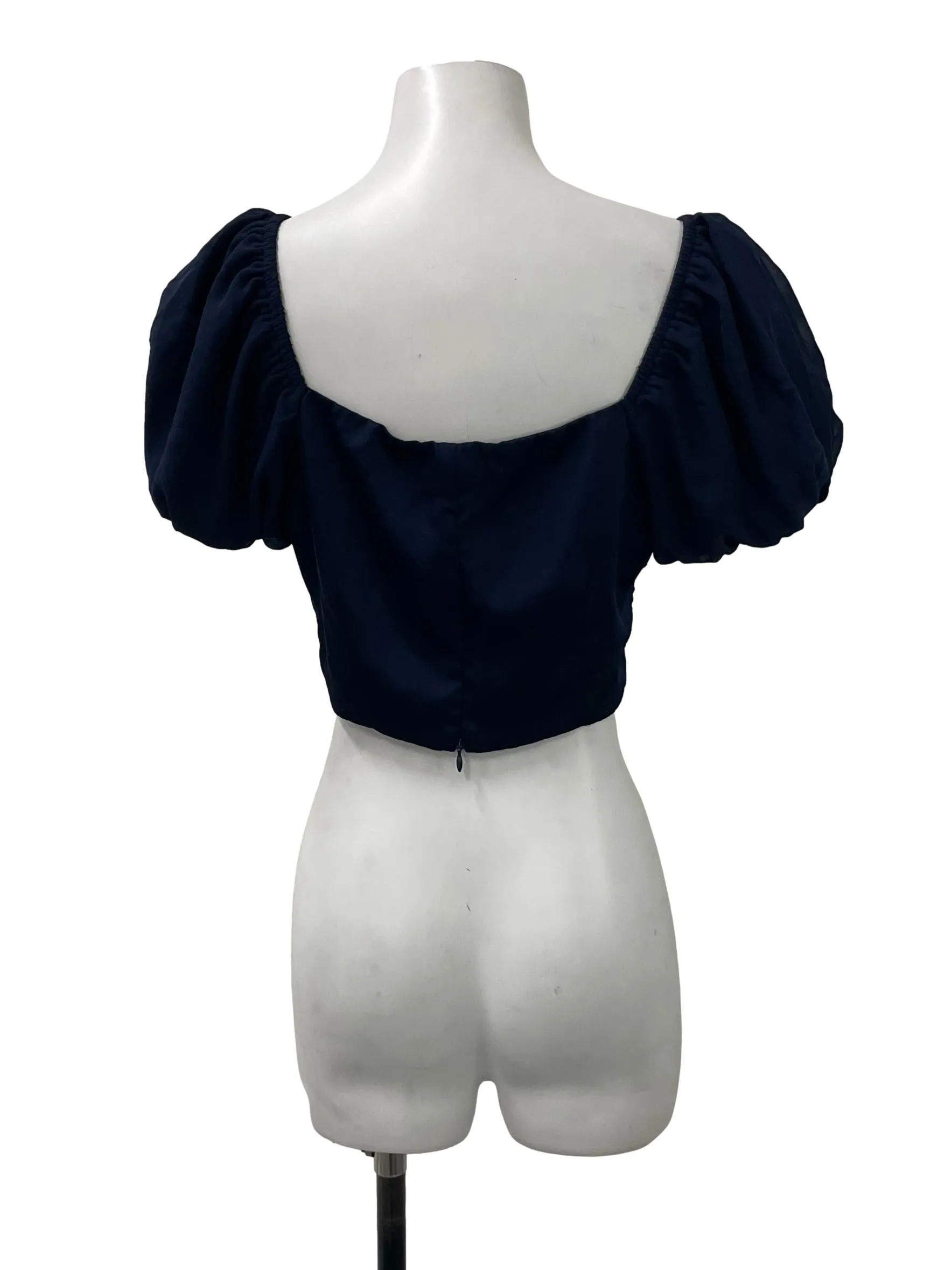 Navy Overlap Pleated Puff Sleeve Top