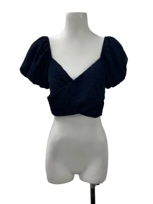Navy Overlap Pleated Puff Sleeve Top
