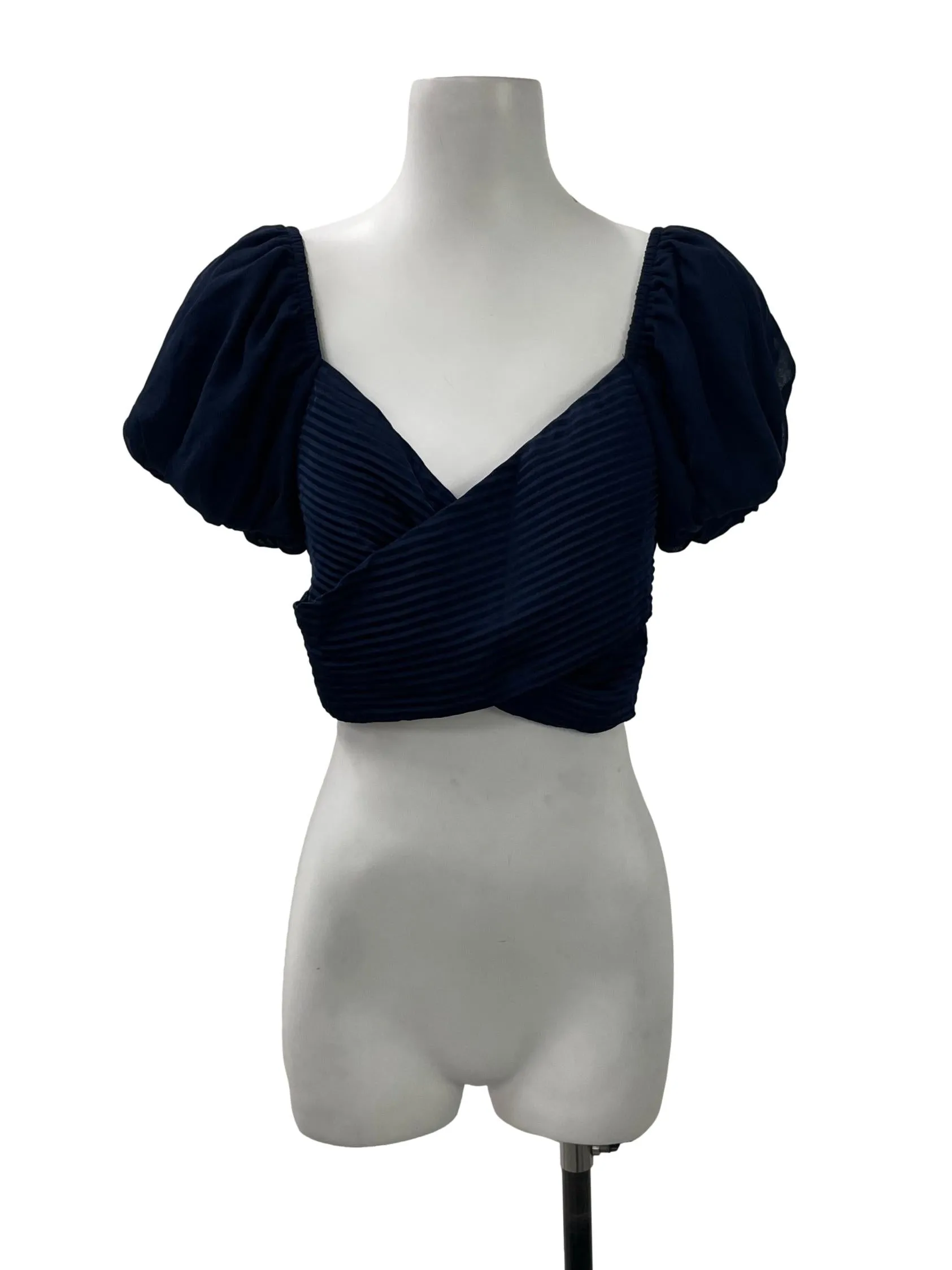 Navy Overlap Pleated Puff Sleeve Top