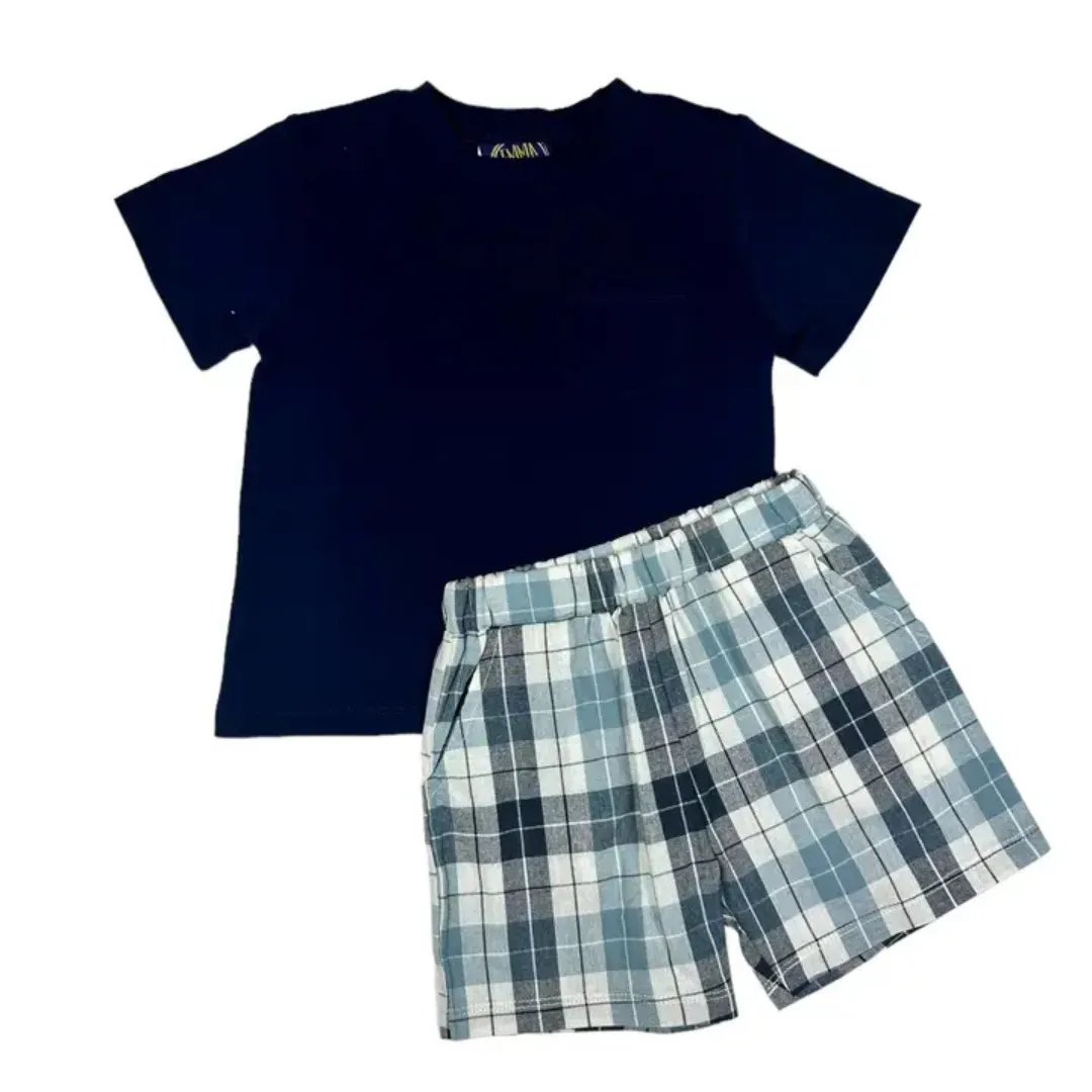 Navy Plaid Boys Short Set