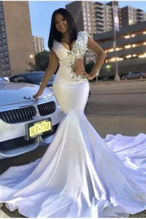 New Crystals Cutout V-neck White Mermaid Prom Dress