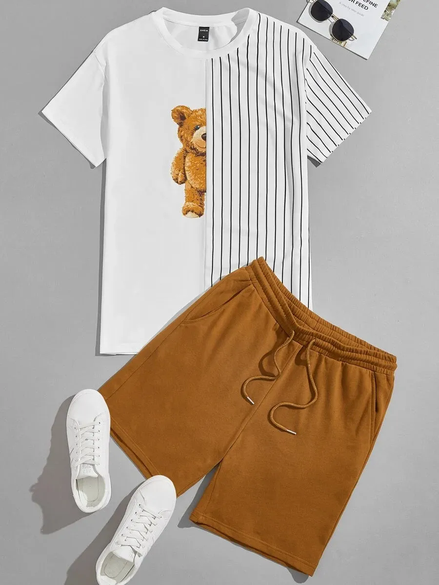 New SHEIN Men Cartoon Bear Graphic Tee & Drawstring Waist Shorts Set, Sz XL