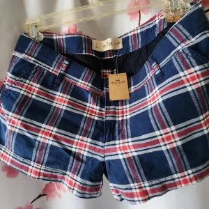 New With Tags Women's Hollister Blue Red White Plaid Logo Shorts Size 3 w 26