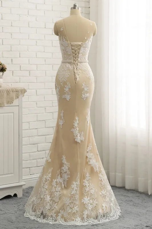 Nude Tulle Round Neck Lace Long Mermaid Pearl Prom Dress