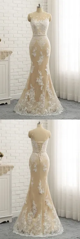Nude Tulle Round Neck Lace Long Mermaid Pearl Prom Dress