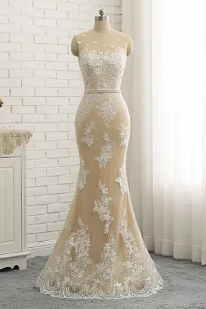 Nude Tulle Round Neck Lace Long Mermaid Pearl Prom Dress