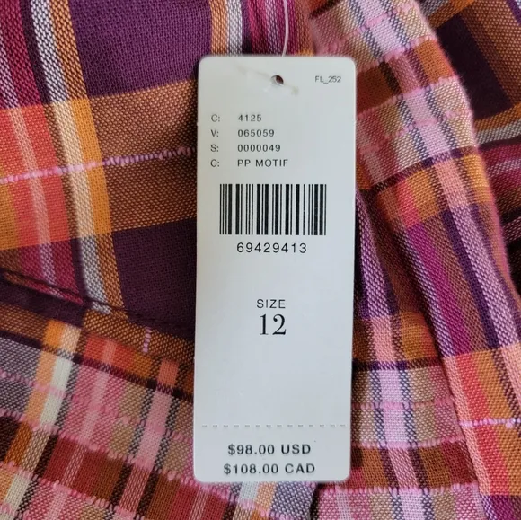 NWT Anthropologie Maeve Plaid Skort/Shorts, Size 12