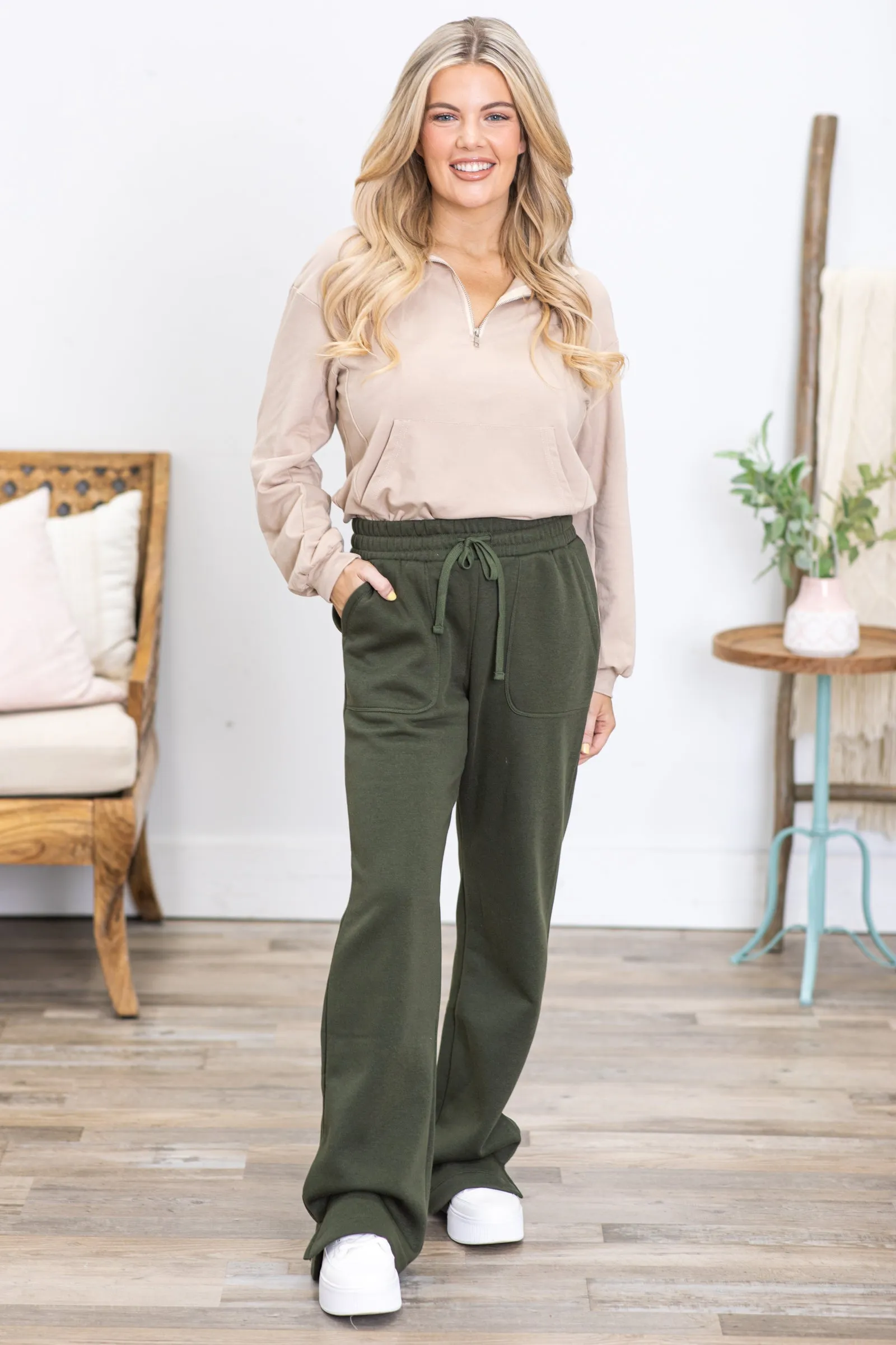 Olive Drawstring Straight Leg Pants