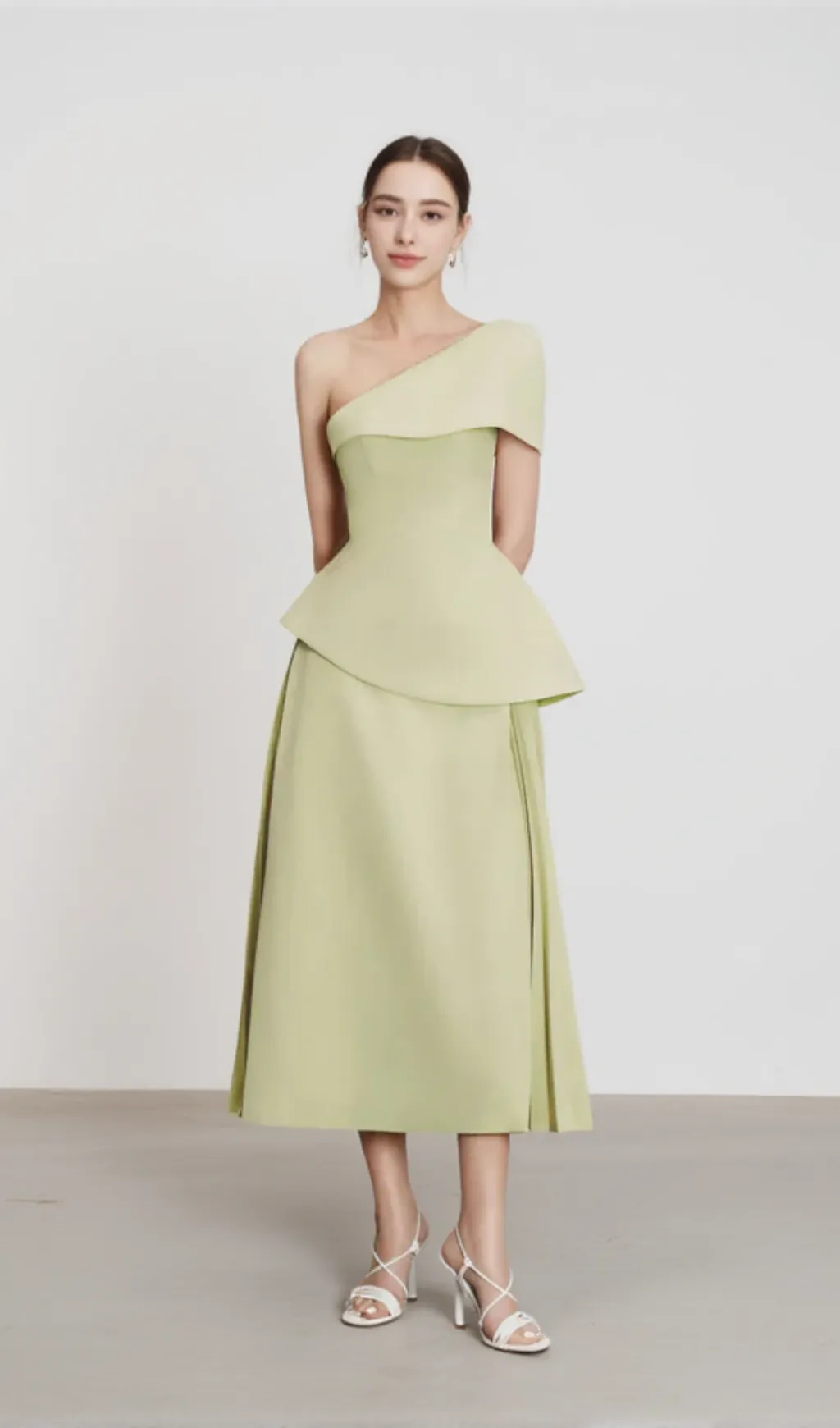One Shoulder Top Flare Midi Skirt suit in Olive Green