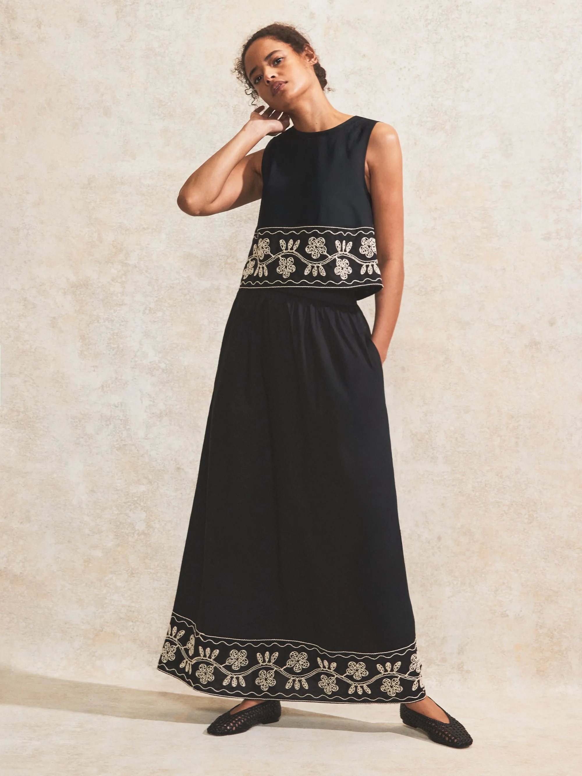 Petite Black Embroidered Maxi Skirt