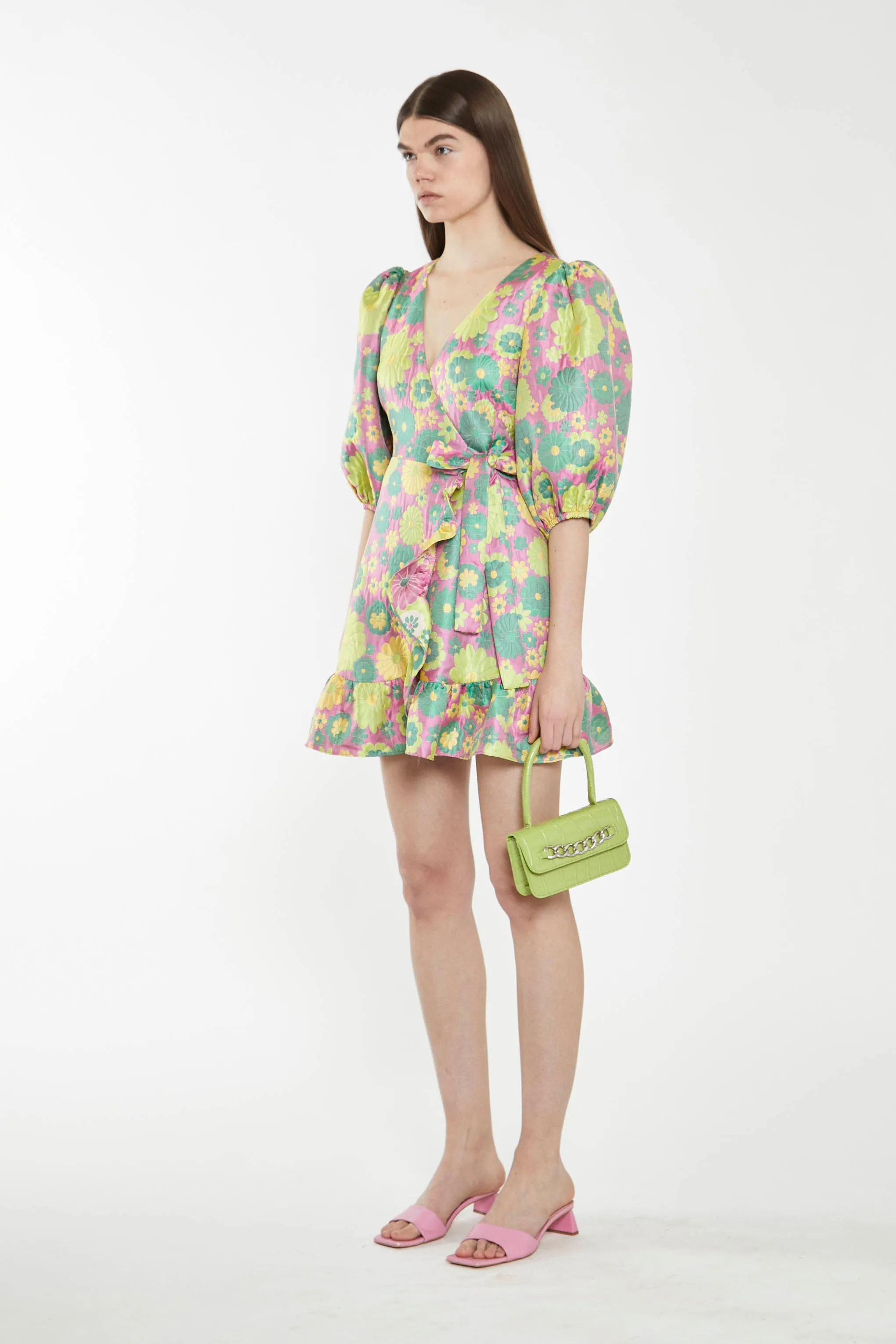 Pink-60s-Flower-Jacquard Wrap Mini Dress