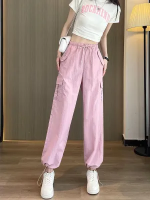 Pink High Waisted Drawstring Cargo Pants