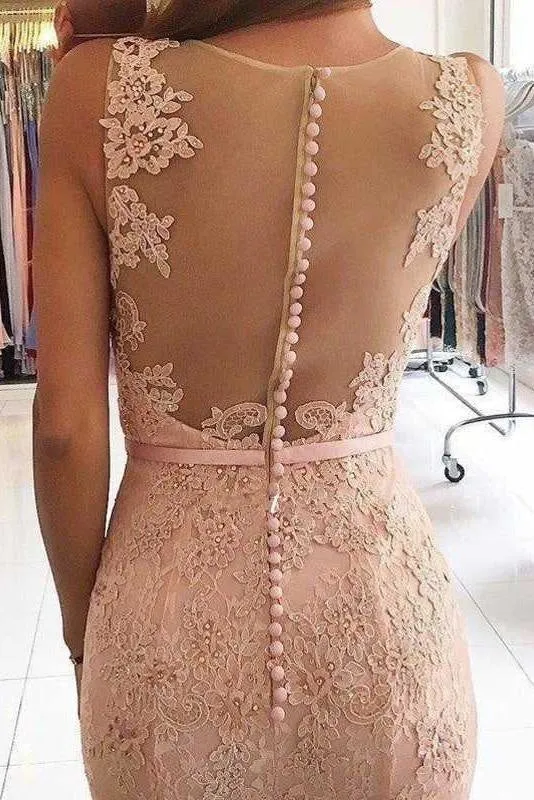 Pink Sleeveless Formal Dresses Mermaid Sheer Back Lace Prom Gown