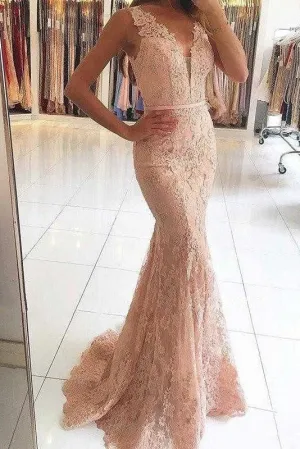 Pink Sleeveless Formal Dresses Mermaid Sheer Back Lace Prom Gown