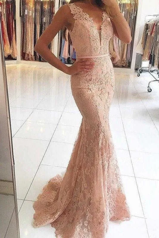 Pink Sleeveless Formal Dresses Mermaid Sheer Back Lace Prom Gown
