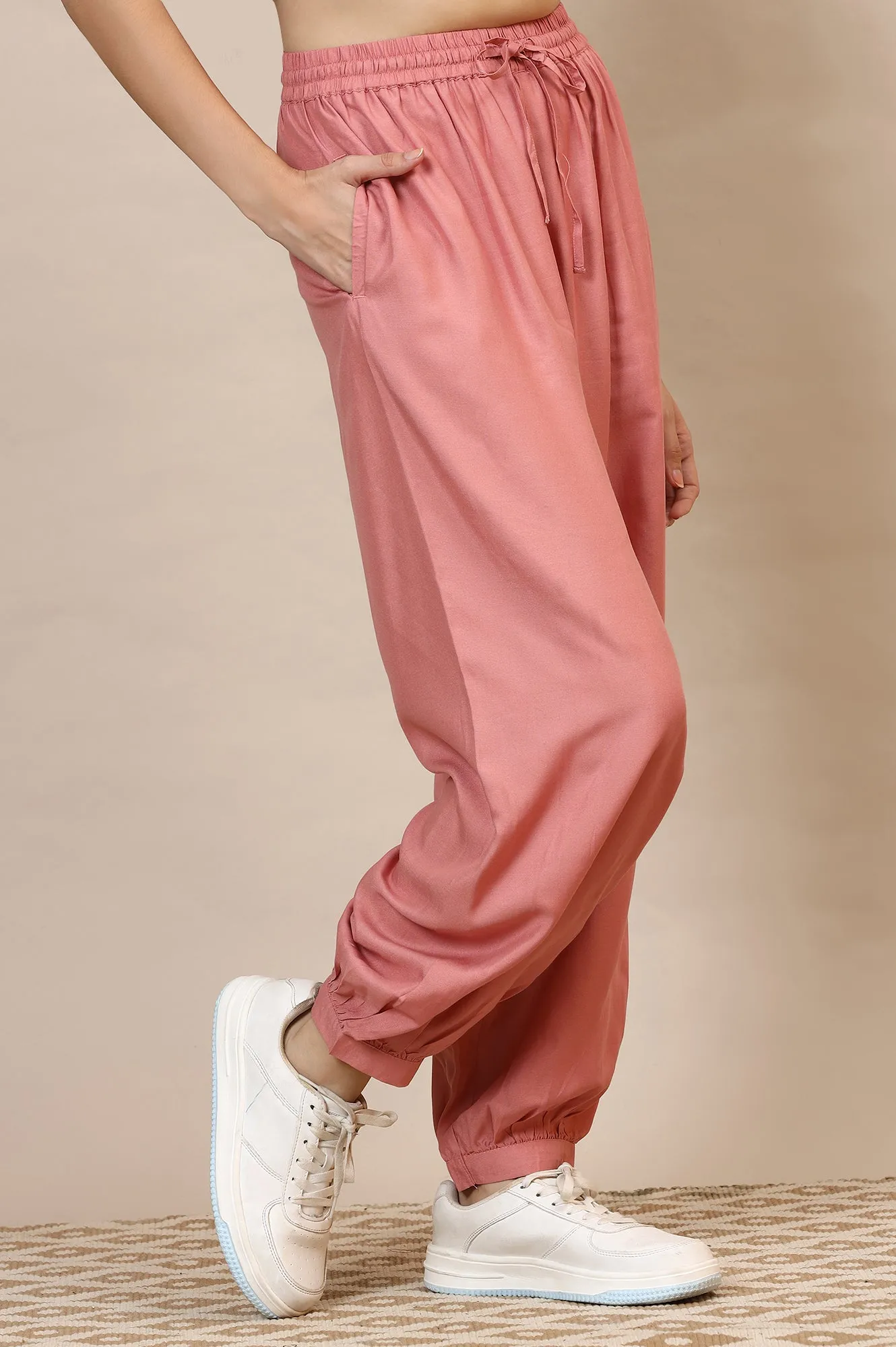 Pink Solid Rayon Harem Pants