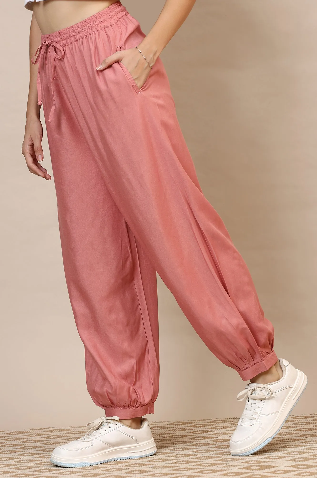 Pink Solid Rayon Harem Pants
