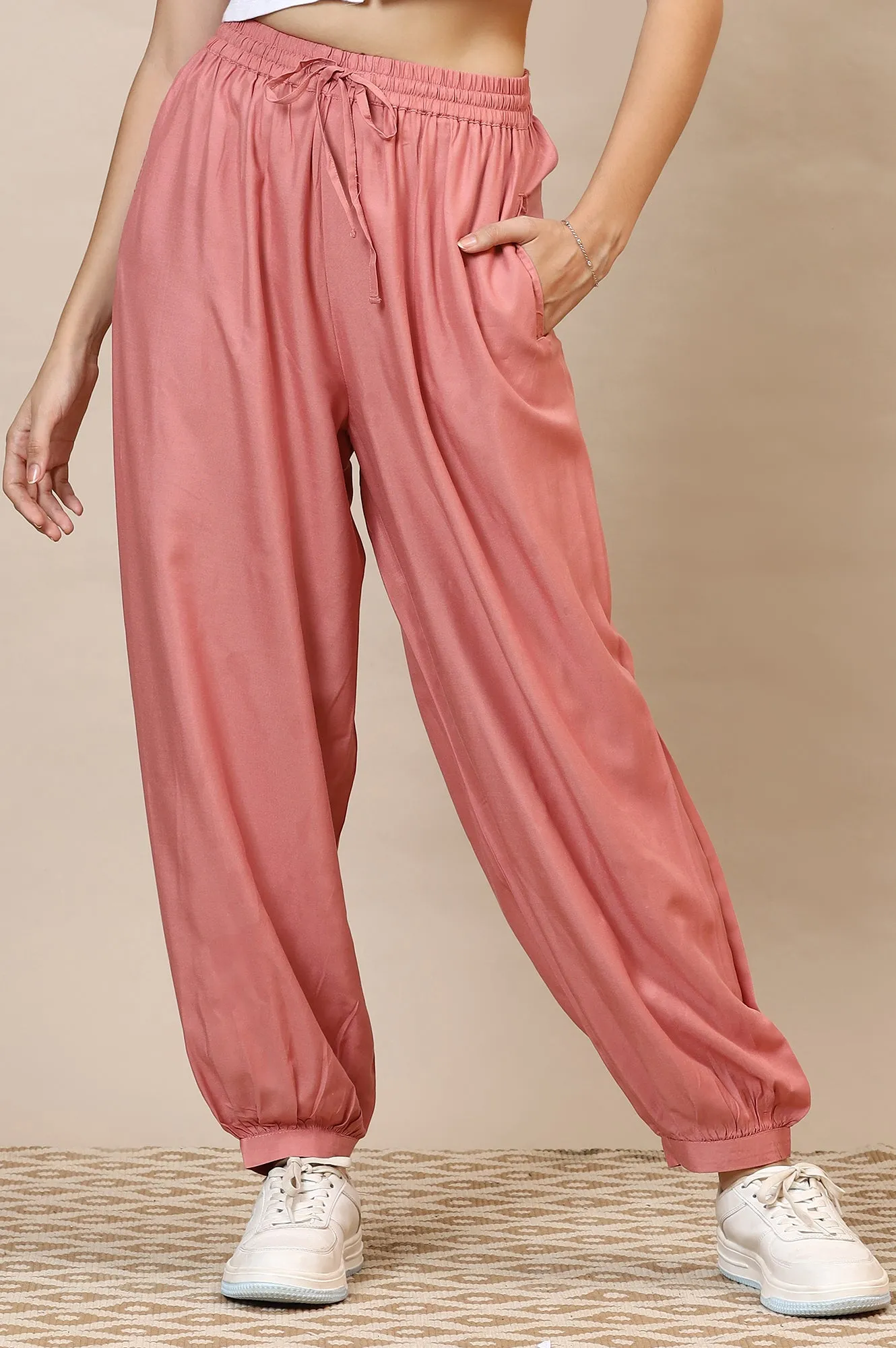 Pink Solid Rayon Harem Pants