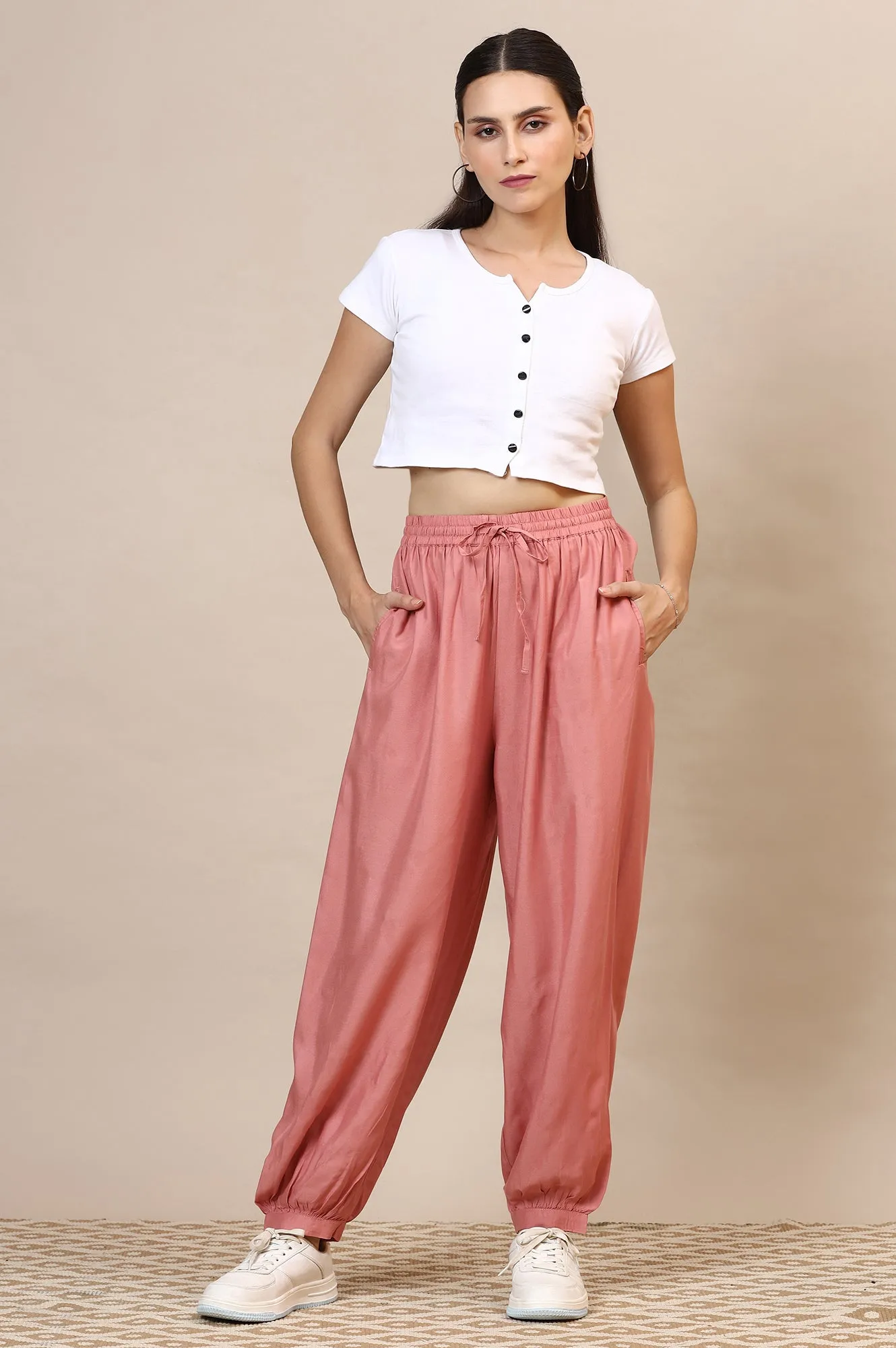 Pink Solid Rayon Harem Pants