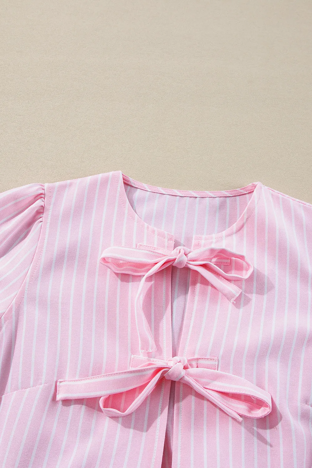 Pink Stripe Bowknot Front Crew Neck Puff Sleeve Blouse