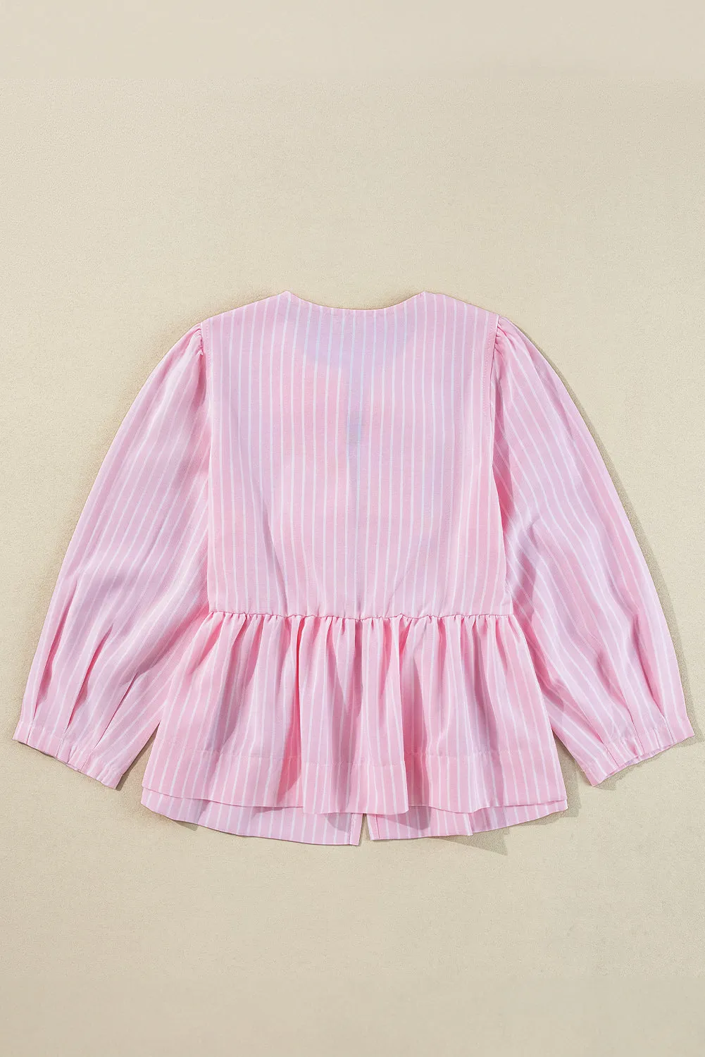Pink Stripe Bowknot Front Crew Neck Puff Sleeve Blouse
