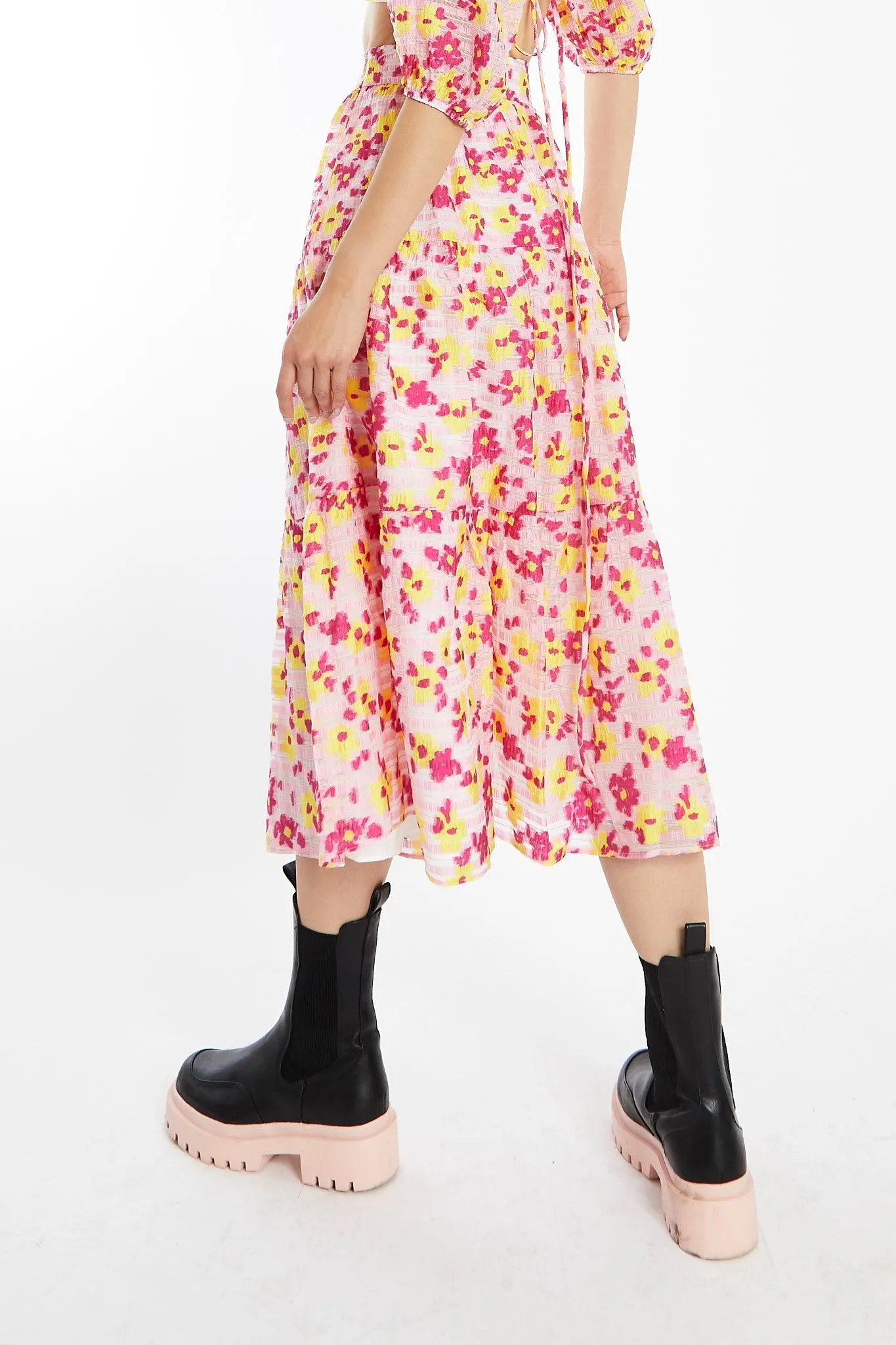 Pink-Yellow Organza Gathered Tiered Midi-Skirt