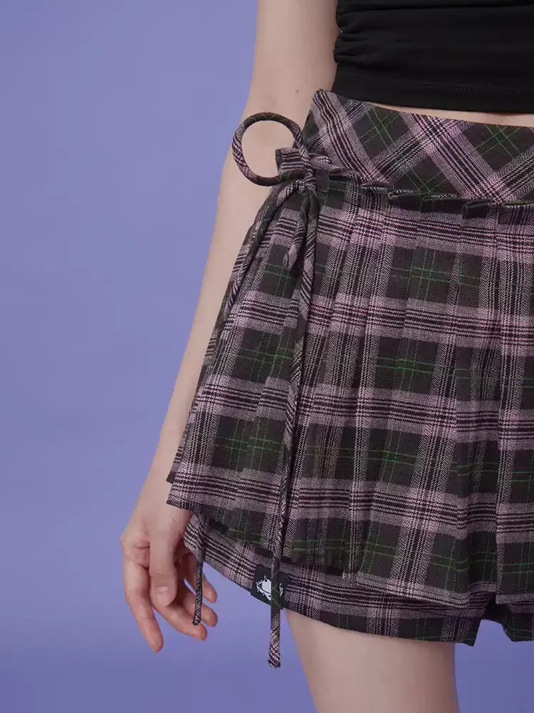 Plaid Ribbon Pleated Skort