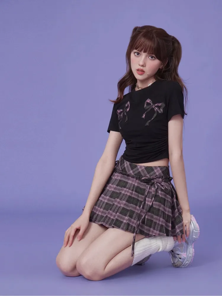 Plaid Ribbon Pleated Skort