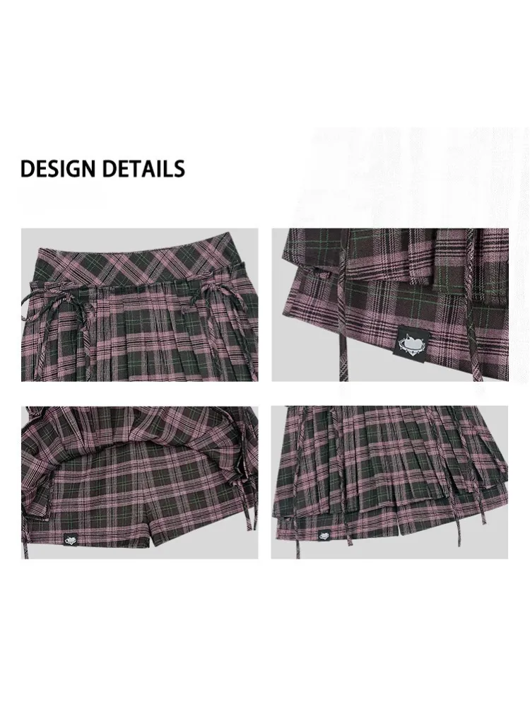 Plaid Ribbon Pleated Skort