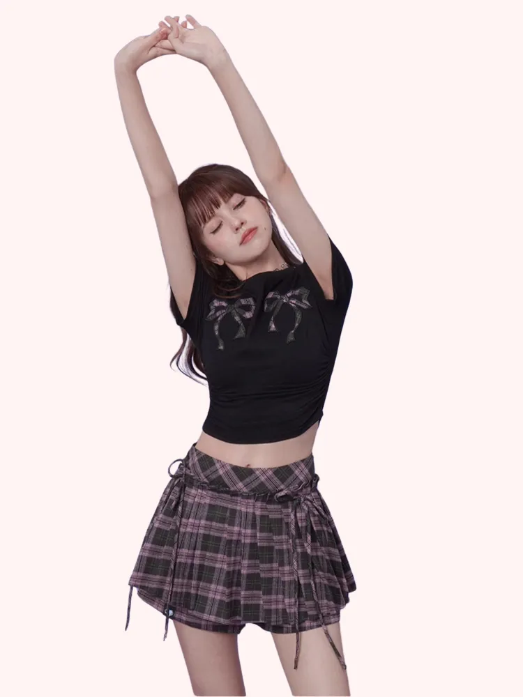 Plaid Ribbon Pleated Skort