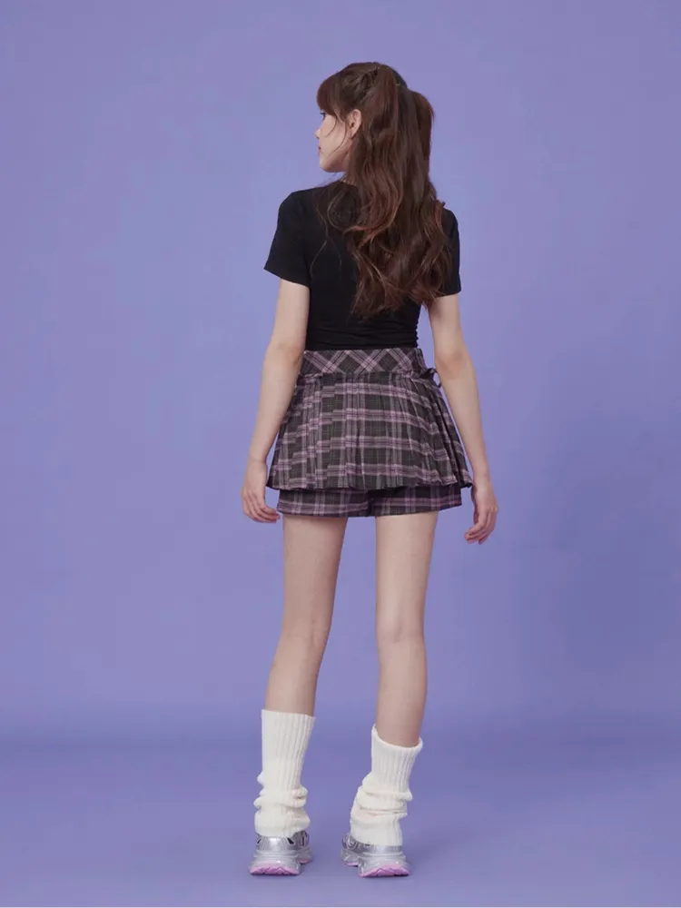 Plaid Ribbon Pleated Skort
