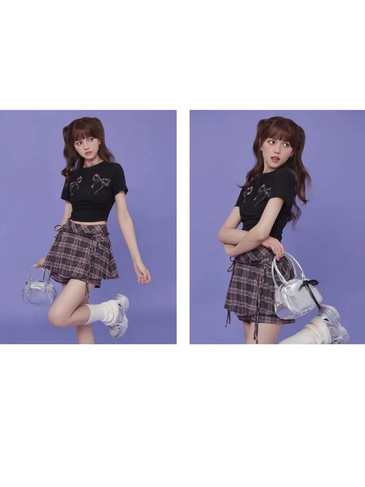 Plaid Ribbon Pleated Skort