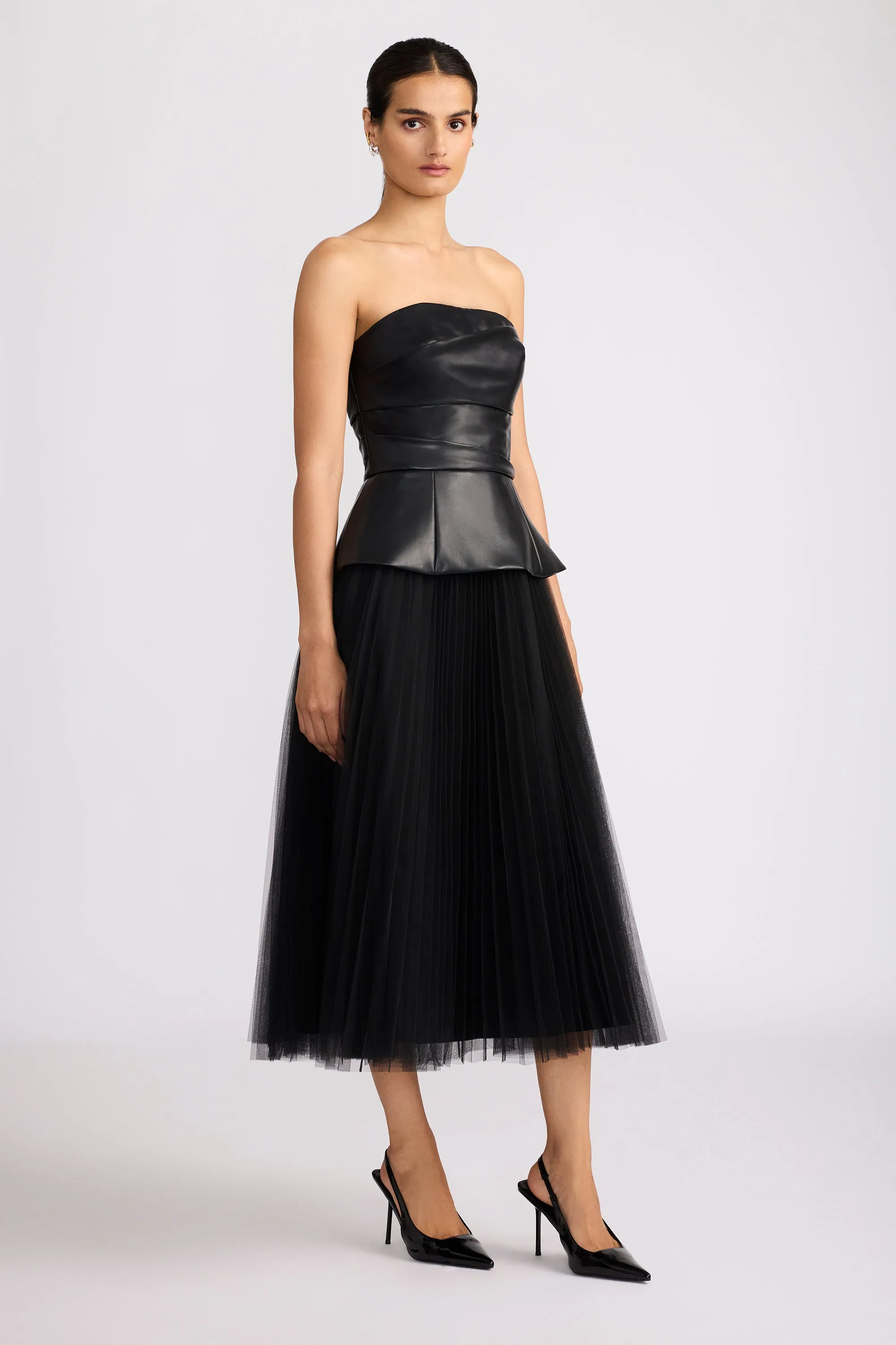 PLEATED TULLE DRESS W/ FAUX LEATHER BUSTIER