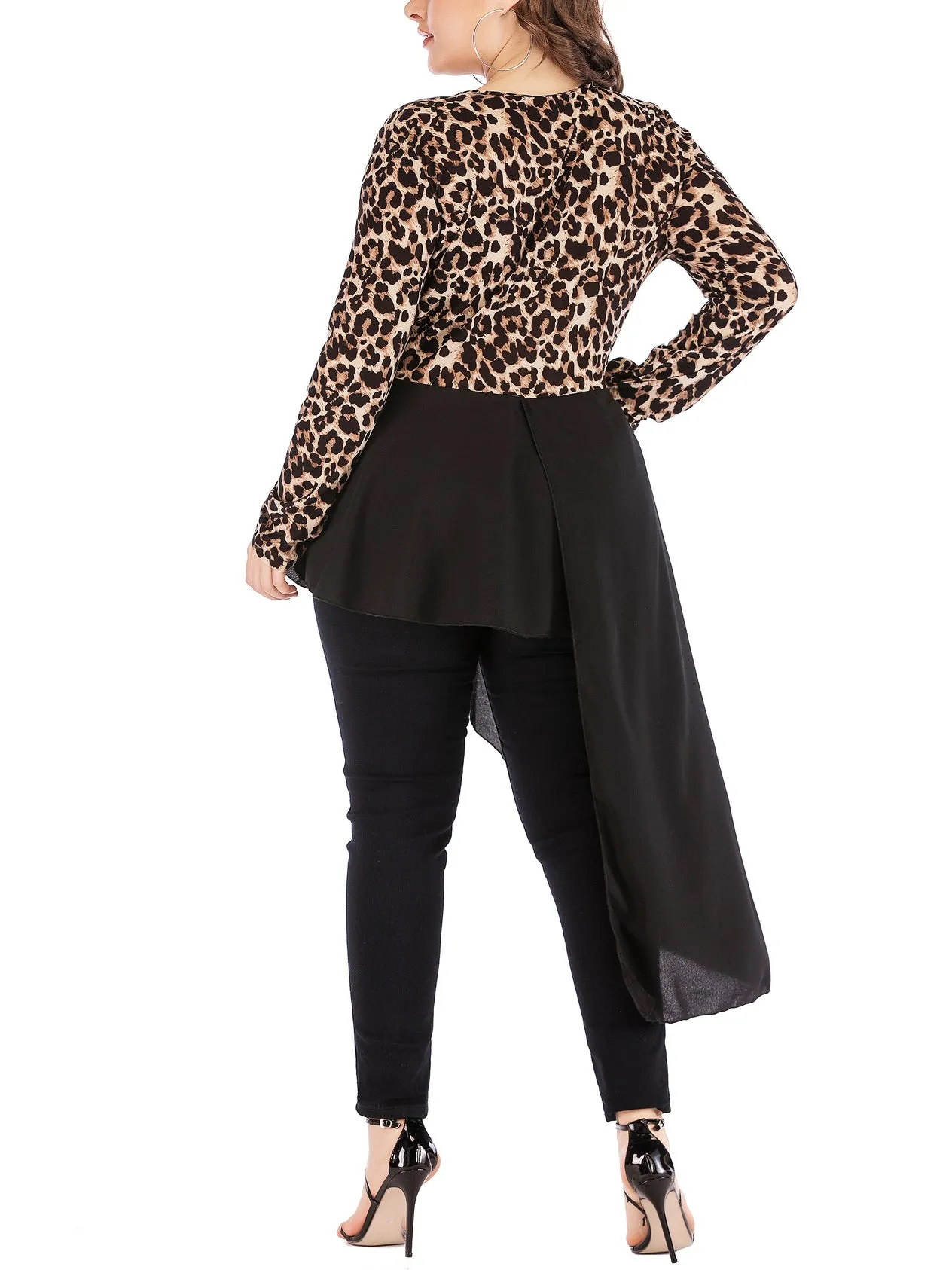 Plus Size Irregular Leopard Print Long Sleeve T-Shirt
