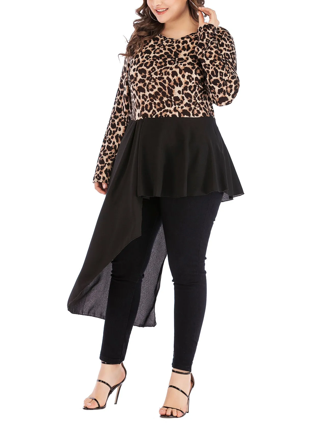 Plus Size Irregular Leopard Print Long Sleeve T-Shirt