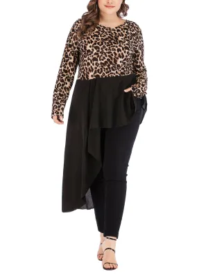 Plus Size Irregular Leopard Print Long Sleeve T-Shirt