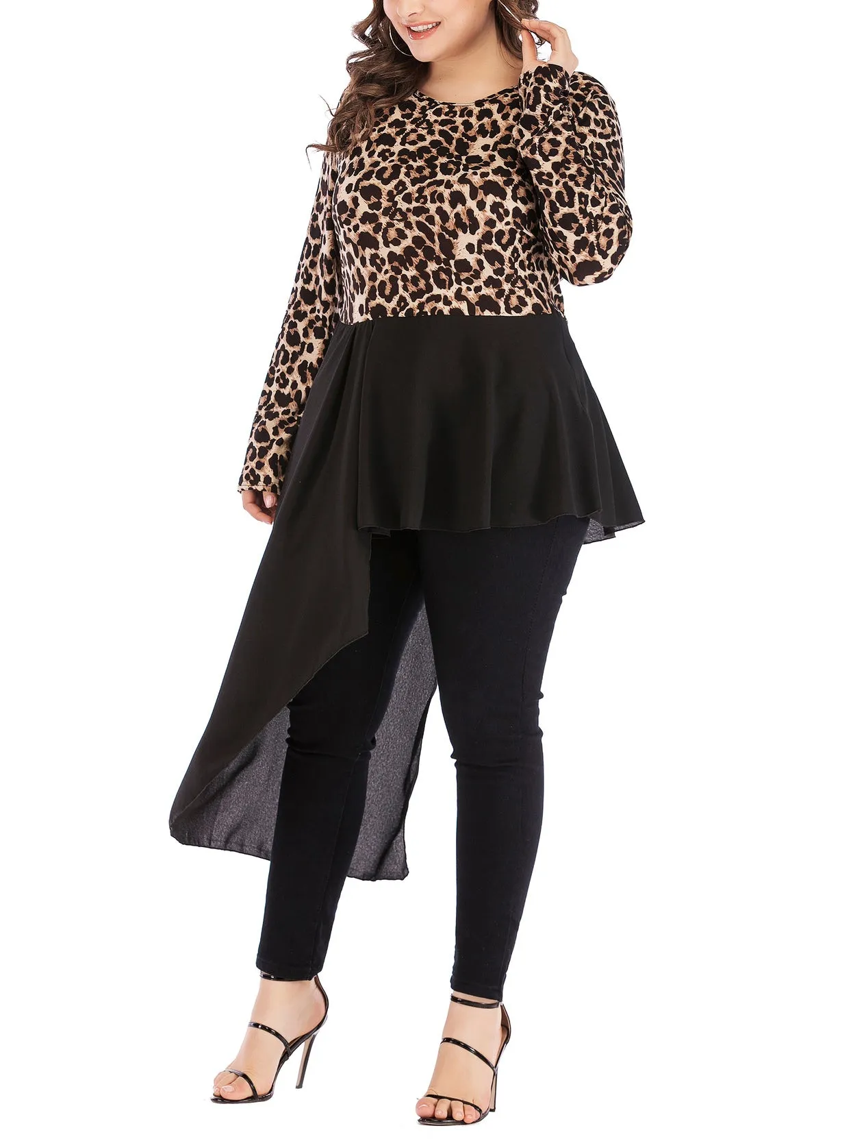 Plus Size Irregular Leopard Print Long Sleeve T-Shirt