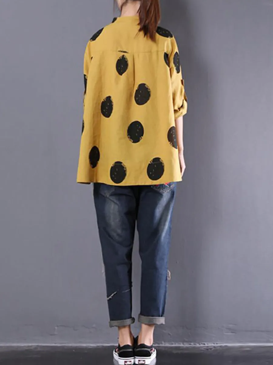 Plus Size Loose Dots Long Sleeve Cotton Linen Shirt