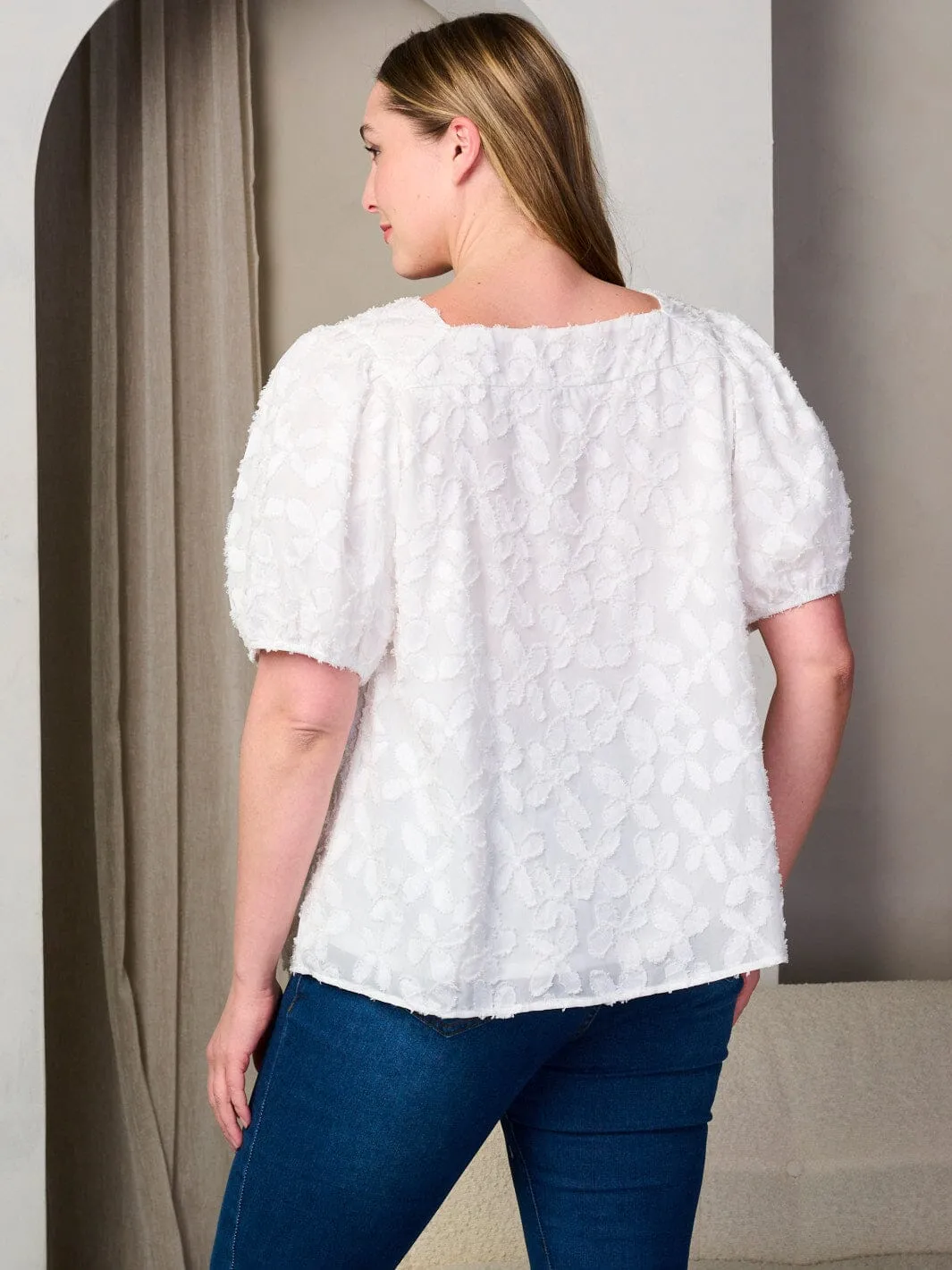 PLUS SIZE SHORT PUFF SLEEVE SQUARE NECK FLORAL DETAILED BLOUSE TOP