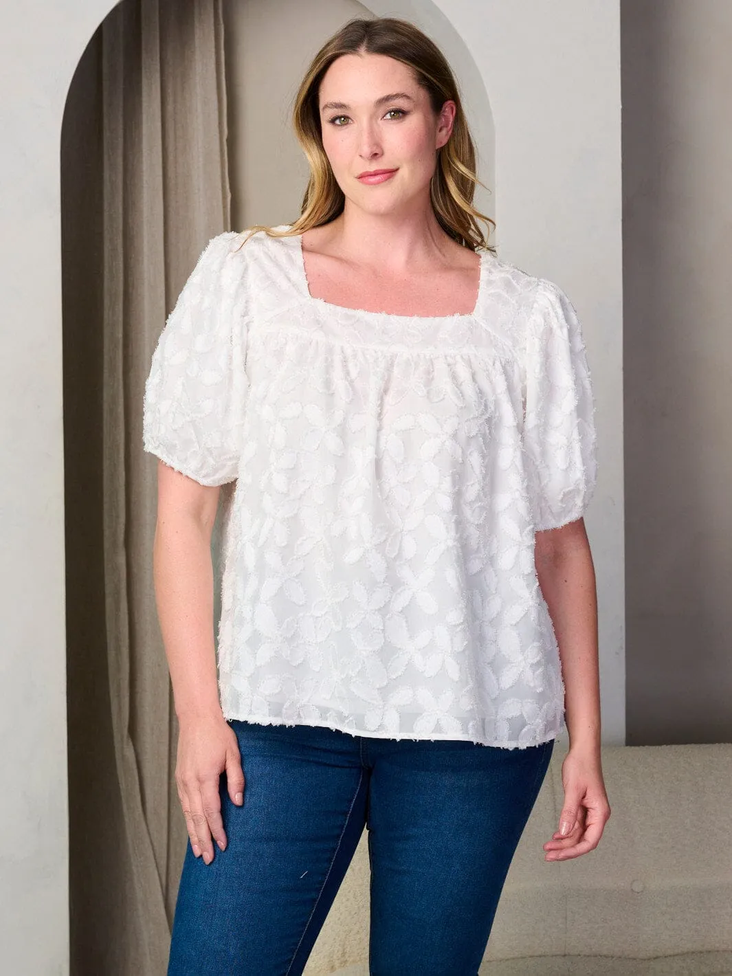 PLUS SIZE SHORT PUFF SLEEVE SQUARE NECK FLORAL DETAILED BLOUSE TOP