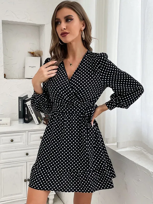Polka Dot Wrap Mini Dress with Long Sleeves
