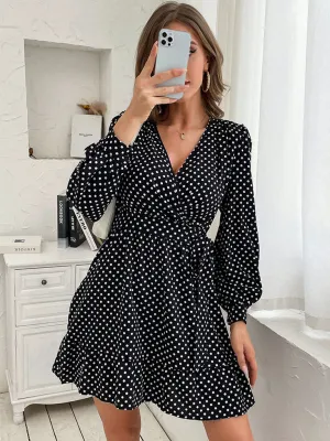 Polka Dot Wrap Mini Dress with Long Sleeves