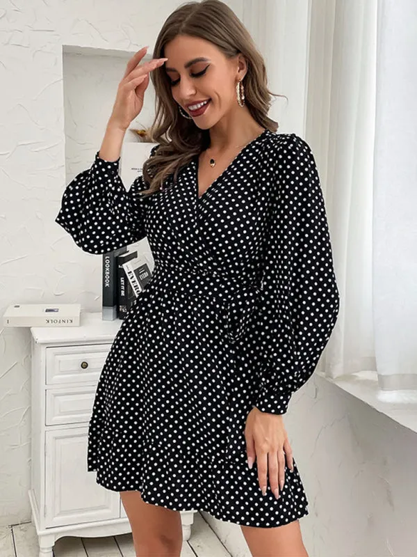 Polka Dot Wrap Mini Dress with Long Sleeves