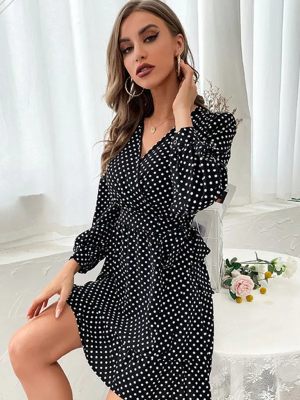 Polka Dot Wrap Mini Dress with Long Sleeves