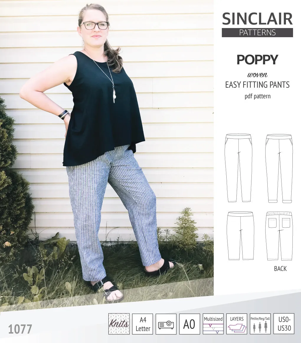 Poppy easy fitting pants for woven fabrics (PDF)