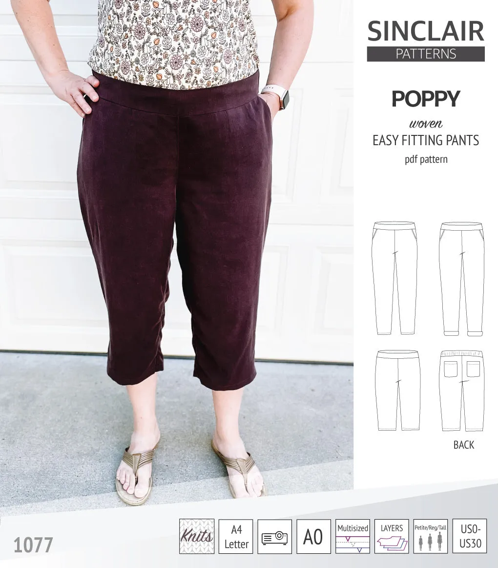 Poppy easy fitting pants for woven fabrics (PDF)