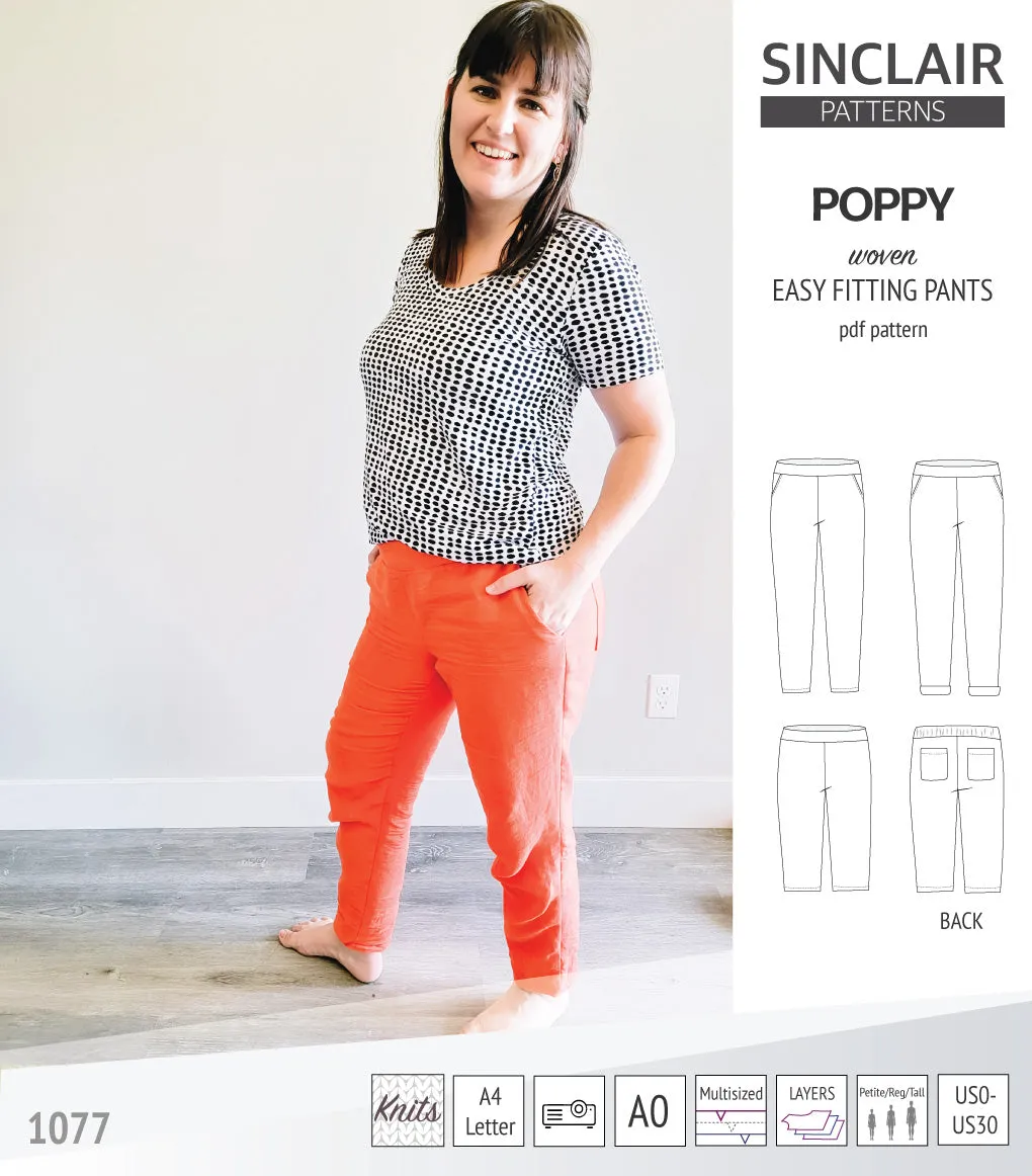 Poppy easy fitting pants for woven fabrics (PDF)