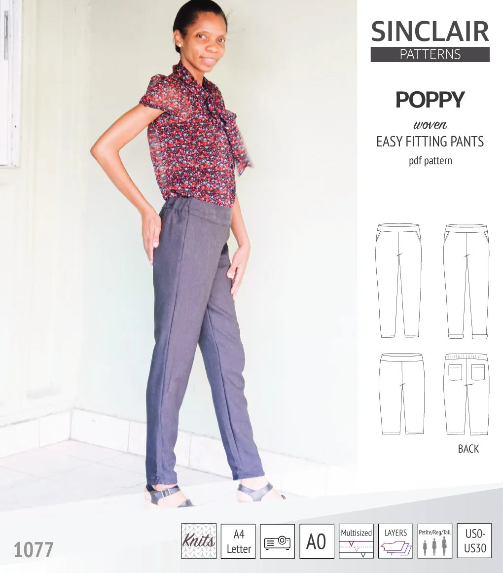 Poppy easy fitting pants for woven fabrics (PDF)