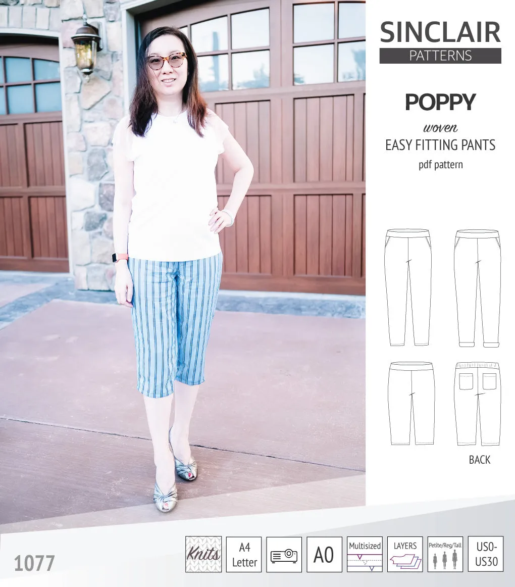 Poppy easy fitting pants for woven fabrics (PDF)